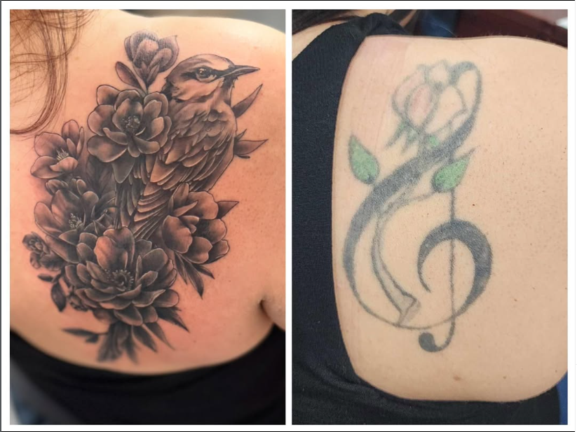 Before and after of a cover-up tattoo: a faded music note and rose covered by a black and grey bird among flowers