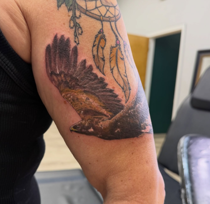 Color realism hawk in flight tattooed on an upper arm beneath dreamcatcher feathers