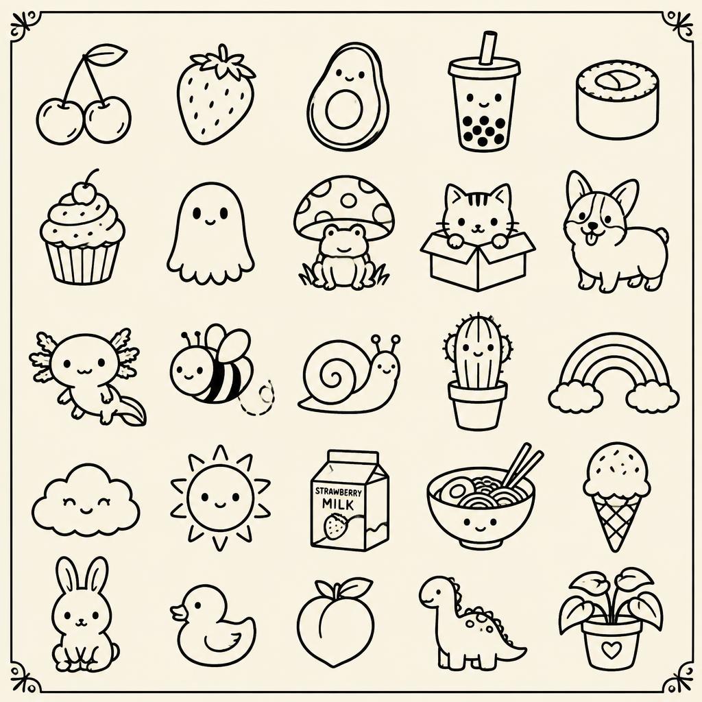 Cute & Sticker flash sheet E: Cherries, Strawberry, Avocado, Boba tea, Sushi, Cupcake, Ghost, Mushroom frog, Cat in a box, Corgi, Axolotl, Bumblebee, Snail, Cactus, Rainbow, Cloud, Sunshine, Strawberry milk, Ramen, Ice cream, Bunny, Duck, Peach, Dino, House plant