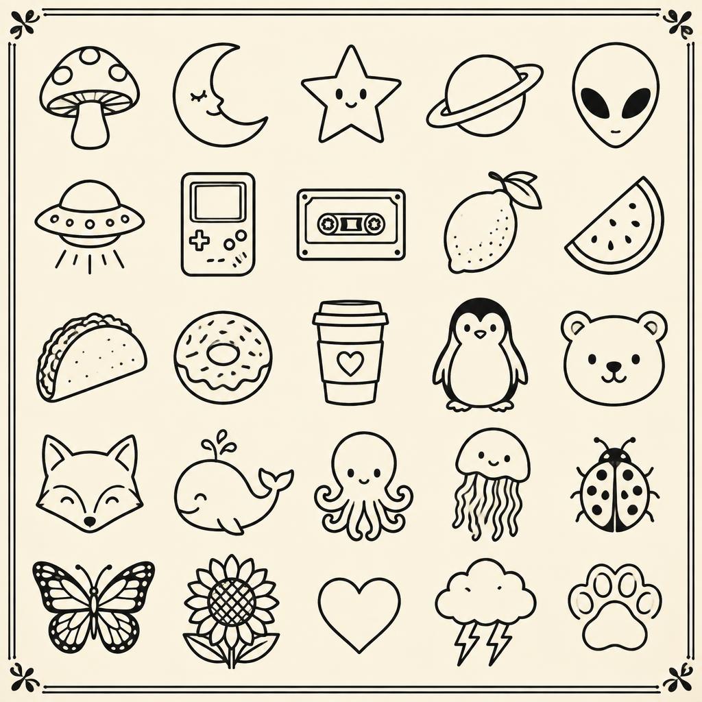 Cute & Sticker flash sheet F: Mushroom, Sleepy moon, Star, Planet, Alien, UFO, Game console, Cassette, Lemon, Watermelon, Taco, Donut, Coffee, Penguin, Bear, Fox, Whale, Octopus, Jellyfish, Ladybug, Monarch, Sunflower, Heart, Storm cloud, Kitty paw