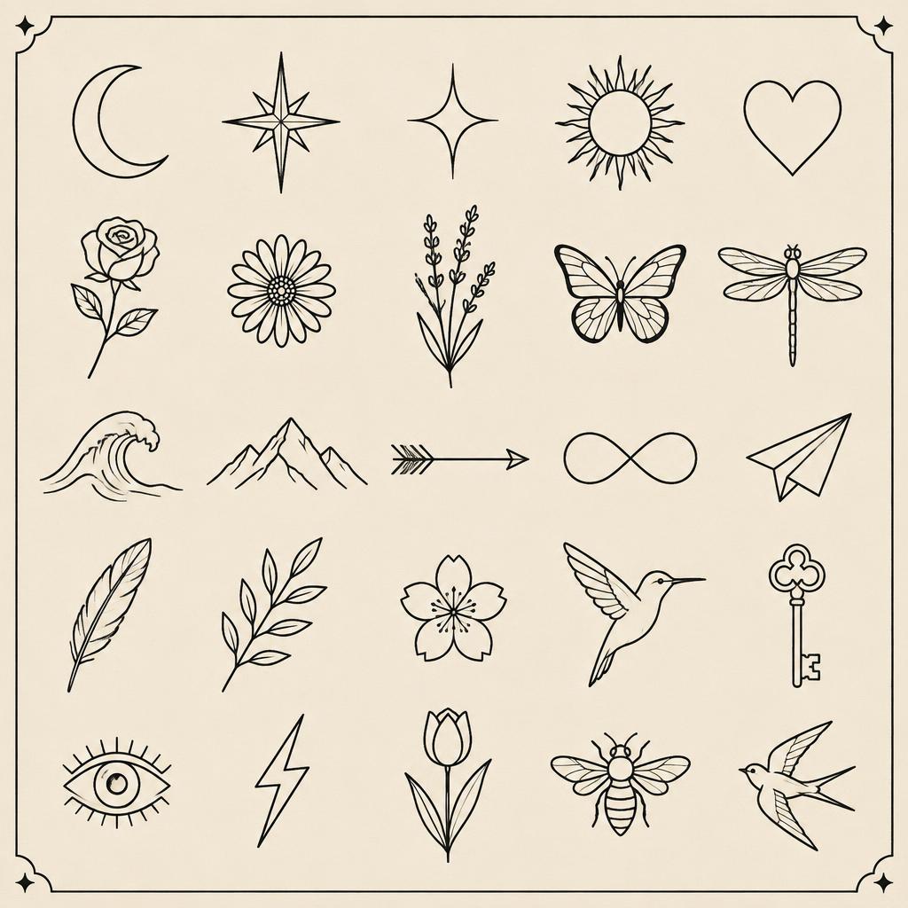 Fine Line & Micro flash sheet A: Crescent moon, North star, Sparkle, Sun, Heart, Rose, Daisy, Lavender, Butterfly, Dragonfly, Wave, Mountains, Arrow, Infinity, Paper plane, Feather, Leaf branch, Cherry blossom, Hummingbird, Skeleton key, Eye, Lightning bolt, Tulip, Bee, Swallow