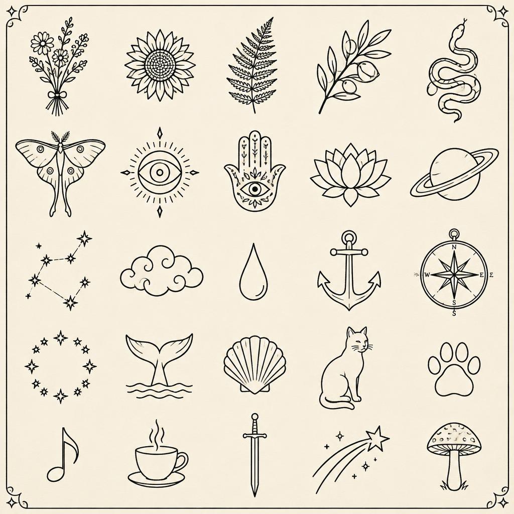 Fine Line & Micro flash sheet B: Wildflower bouquet, Sunflower, Fern, Olive branch, Snake, Luna moth, Evil eye, Hamsa, Lotus, Saturn, Constellation, Cloud, Raindrop, Anchor, Compass, Ring of stars, Whale tail, Seashell, Cat, Paw print, Music note, Coffee cup, Sword, Shooting star, Mushroom