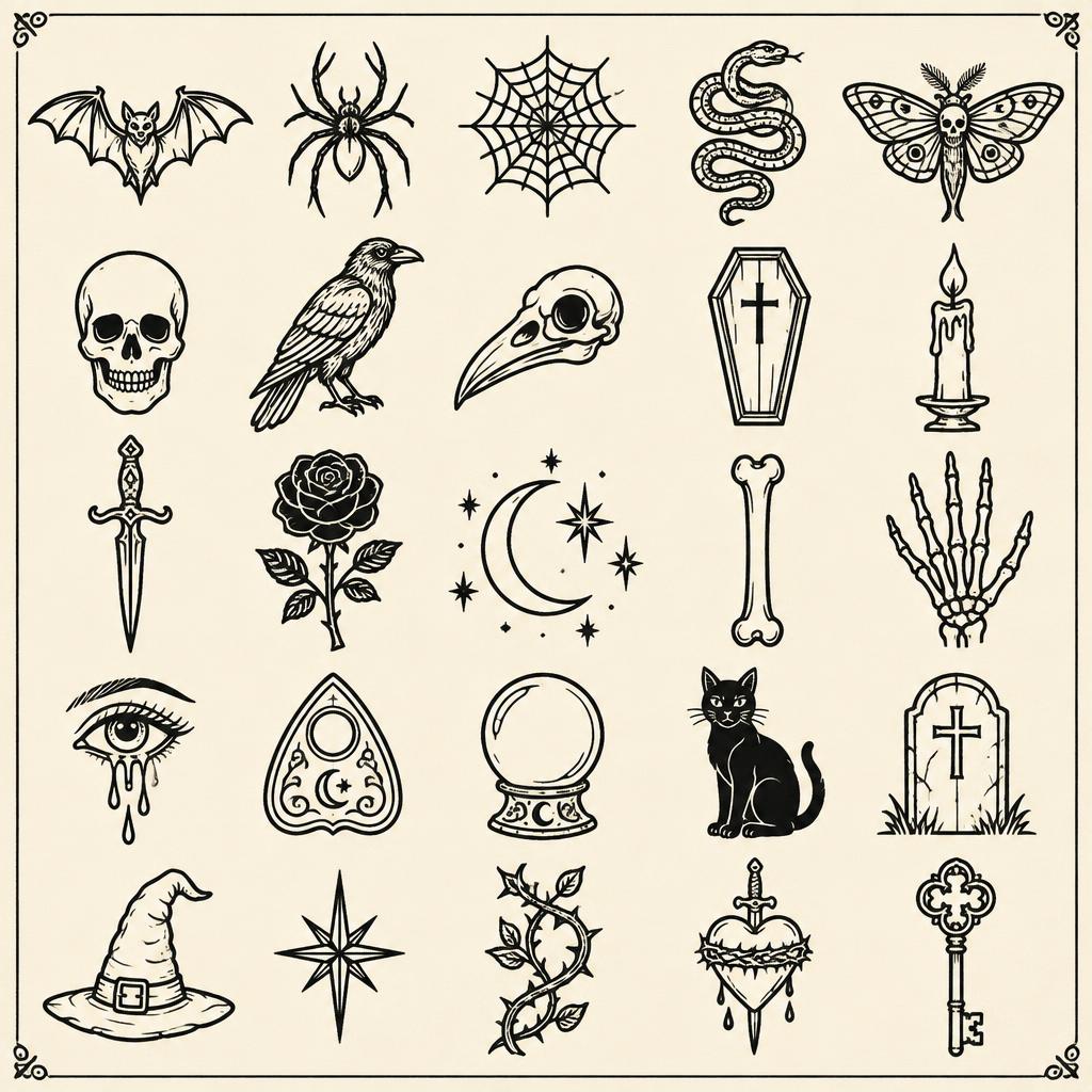 Dark & Gothic flash sheet G: Bat, Spider, Web, Serpent, Death moth, Skull, Raven, Bird skull, Coffin, Candle, Dagger, Black rose, Moon & stars, Bone, Skeleton hand, Weeping eye, Planchette, Crystal ball, Black cat, Headstone, Witch hat, Star, Thorn vine, Pierced heart, Key