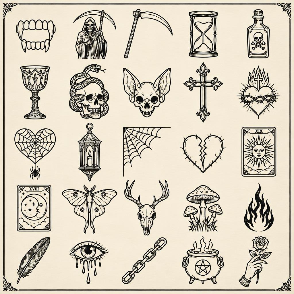 Dark & Gothic flash sheet H: Fangs, Reaper, Scythe, Hourglass, Poison, Chalice, Snake & skull, Bat skull, Gothic cross, Sacred heart, Web heart, Lantern, Cobweb, Broken heart, The Sun card, The Moon card, Luna moth, Deer skull, Mushrooms, Black flame, Raven feather, Bleeding eye, Chain, Cauldron, Hand & rose