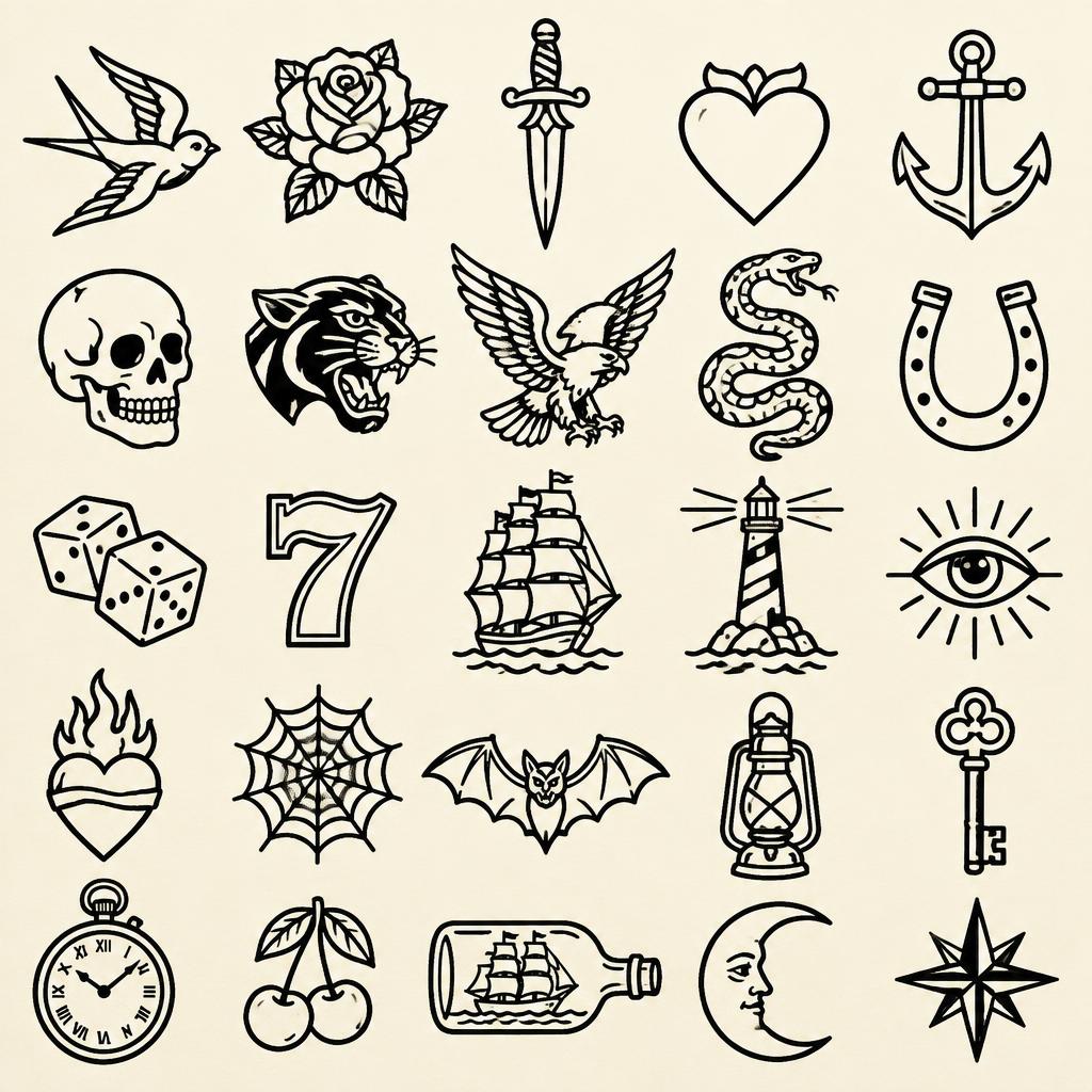 American Traditional flash sheet C: Swallow, Rose, Dagger, Heart, Anchor, Skull, Panther, Eagle, Snake, Horseshoe, Dice, Lucky 7, Ship, Lighthouse, Eye, Flaming heart, Spider web, Bat, Lantern, Key, Pocket watch, Cherries, Ship in a bottle, Moon face, Nautical star