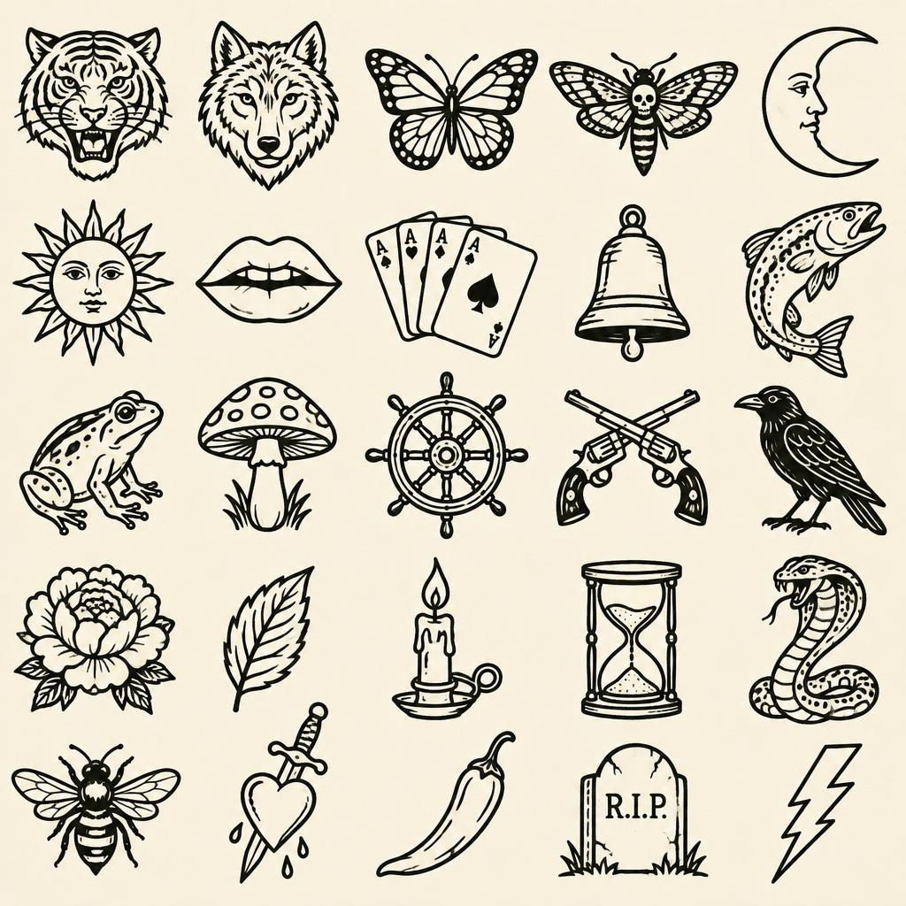 American Traditional flash sheet D: Tiger, Wolf, Butterfly, Death moth, Moon, Sun face, Lips, Aces, Bell, Trout, Frog, Mushroom, Ship wheel, Crossed pistols, Crow, Peony, Leaf, Candle, Hourglass, Cobra, Bee, Dagger heart, Chili pepper, Tombstone, Lightning bolt